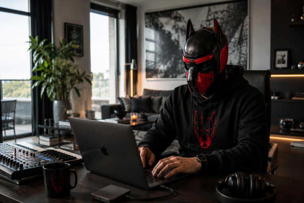 Verberate wearing the black and red mask in the studio
