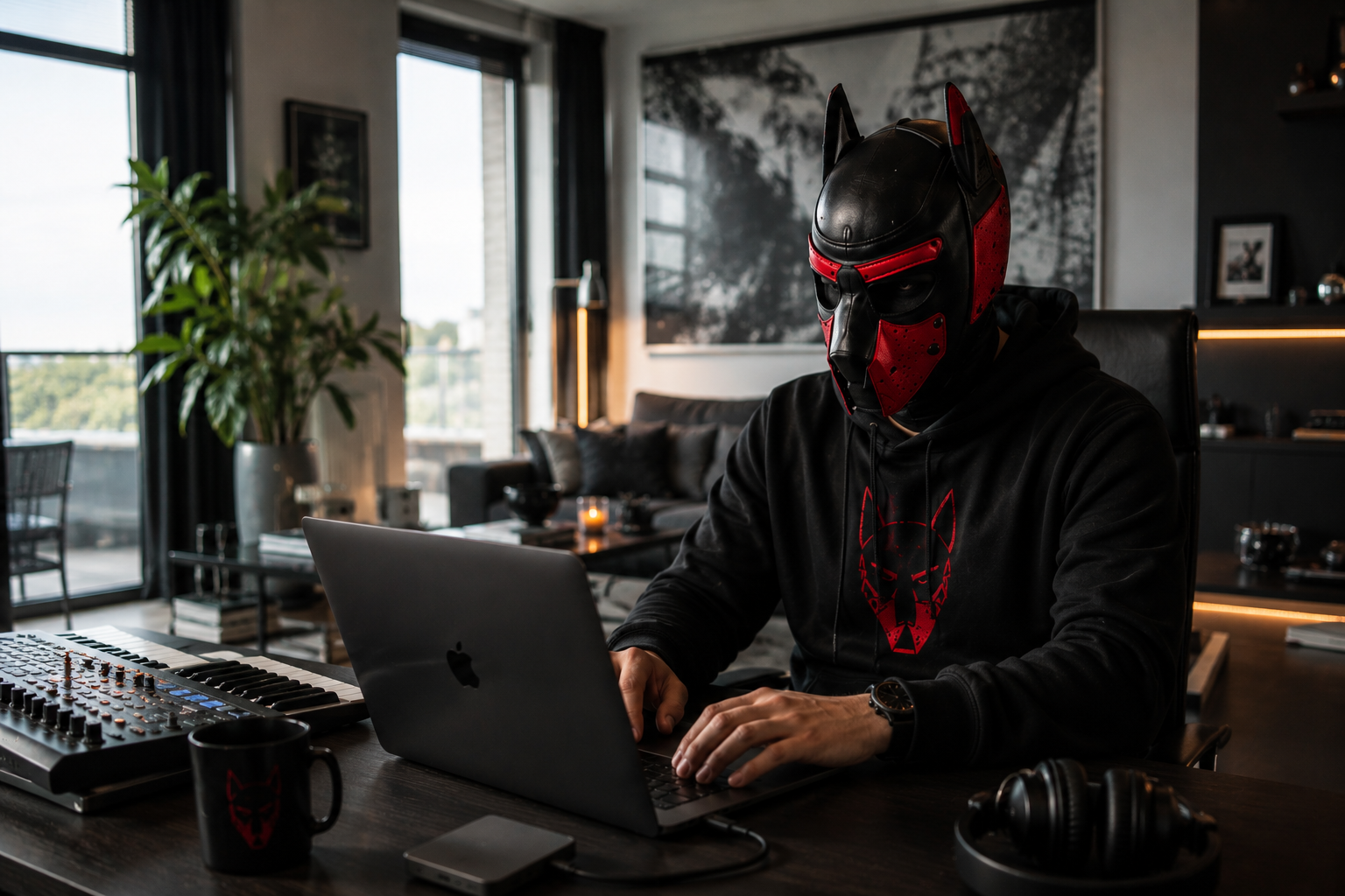 Verberate wearing the black and red mask in the studio
